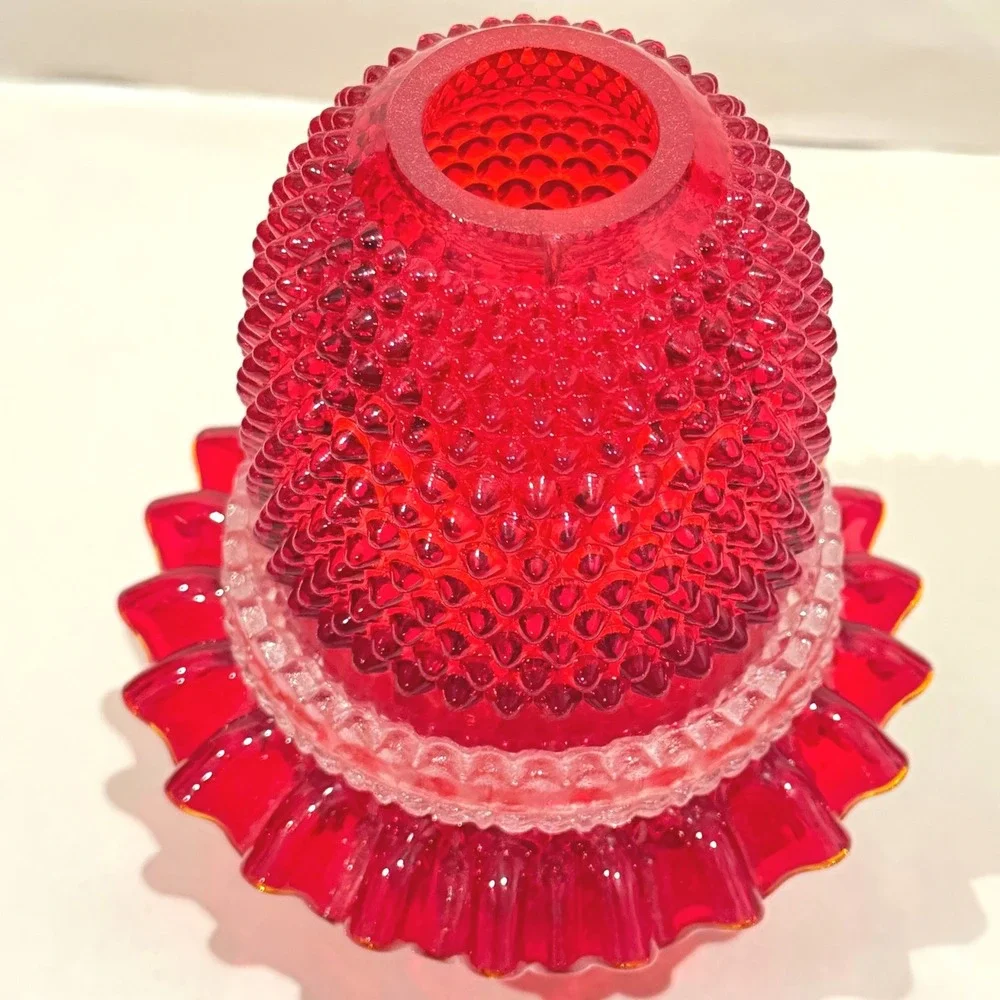 Vintage Fenton LG Wright Ruby Red Hobnail 3 Pc Fairy Lamp Ruffled UV Glow